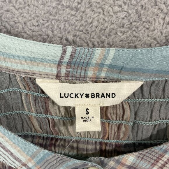 NEW Lucky Brand Womens S Cotton Plaid Smocked-S Ginger Root Plaid Sheer - Picture 5 of 9